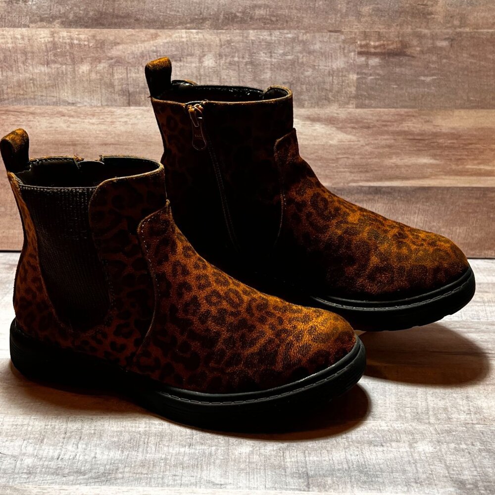 Cat & Jack Girls Brown Leopard Printed Ankle Boots Size 2 Side Zip Closure